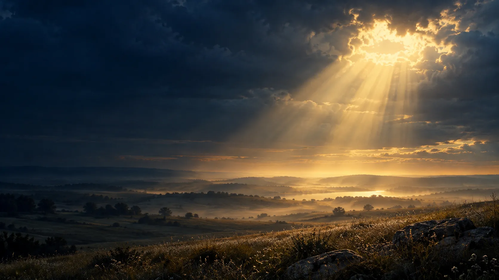 Golden morning light breaking through deep blue clouds over a quiet valley